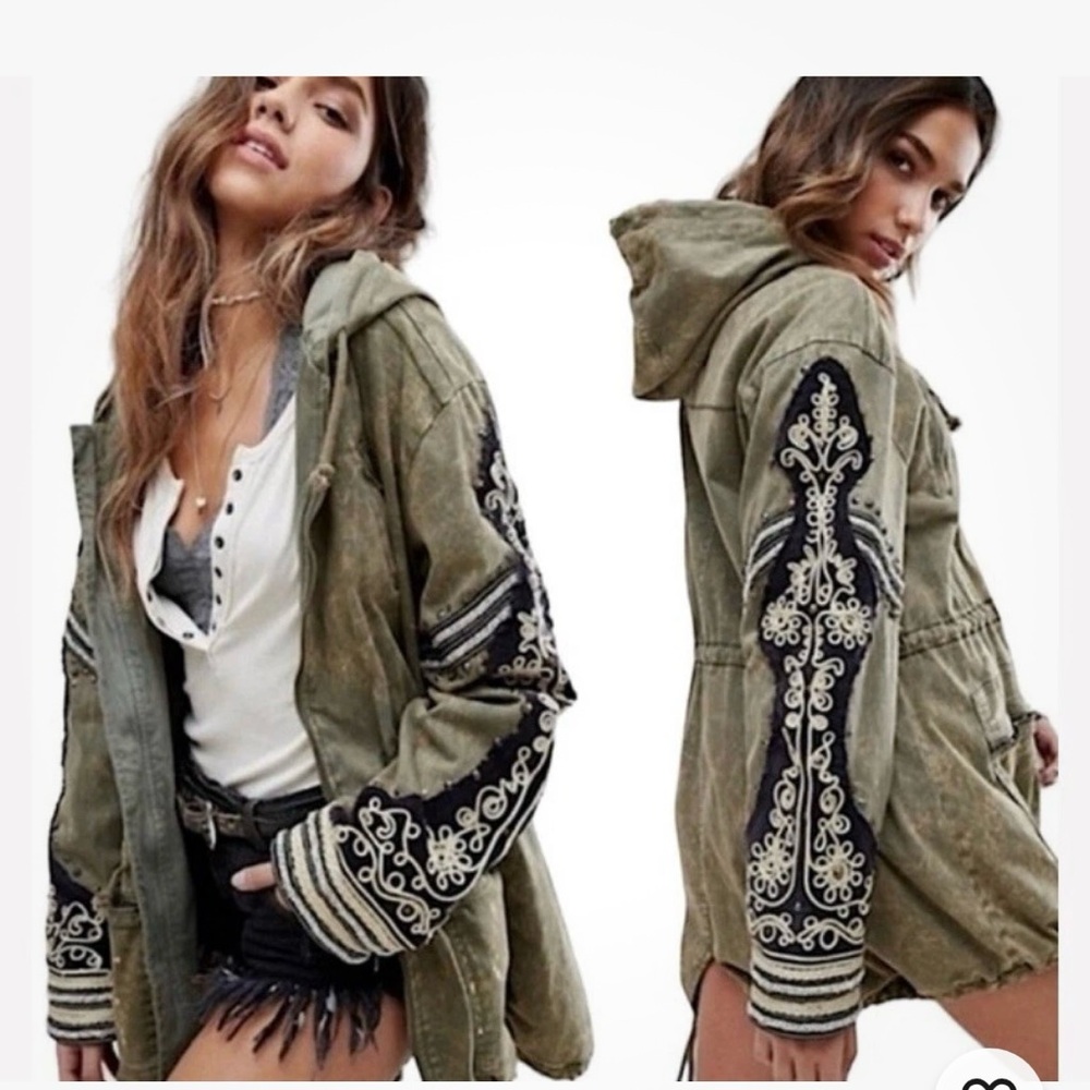 Free People Golden Quills Hooded Anorak Coat Jacket Olive Green S